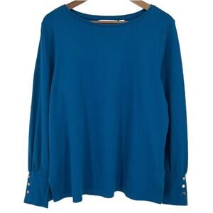 ISAAC MIZRAHI LIVE NWOT Boat Neck Blouson Sleeve Top with Buttons Blue Large